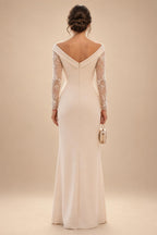 Sheath/Column Off Shoulder Stretch Jersey Floor-Length Mother of the Bride & Groom Dresses with Lace Appliques Sleeves & Slit (SHI22501550)