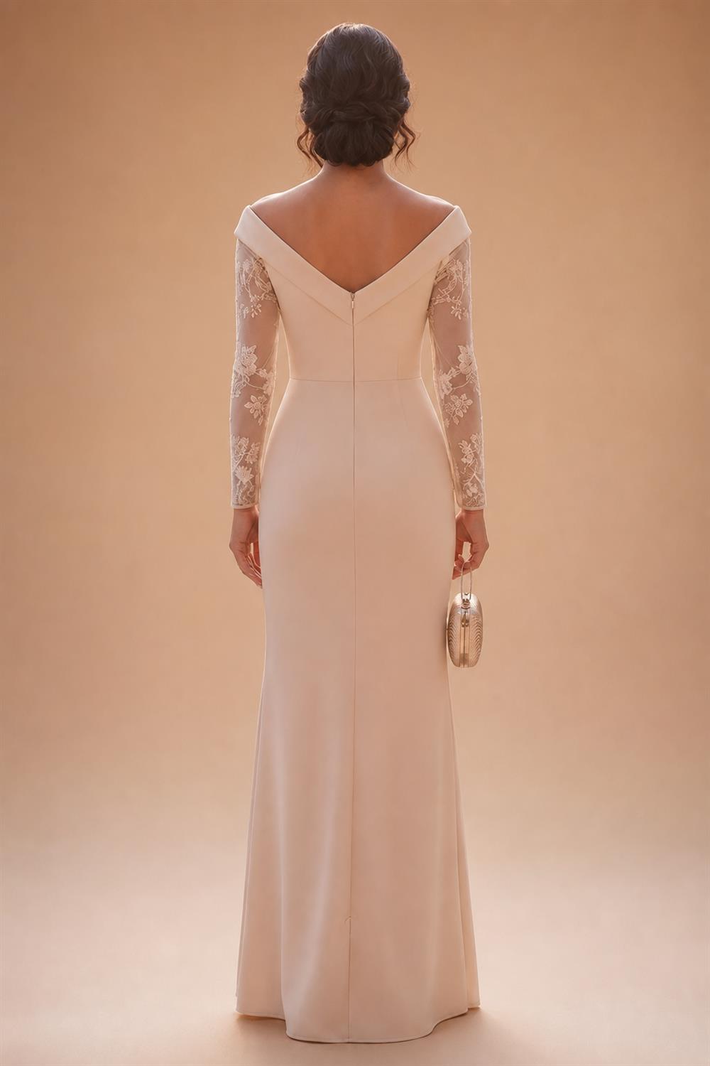 Sheath/Column Off Shoulder Stretch Jersey Floor-Length Mother of the Bride & Groom Dresses with Lace Appliques Sleeves & Slit (SHI22501550)