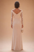 Sheath/Column Off Shoulder Stretch Jersey Floor-Length Mother of the Bride & Groom Dresses with Lace Appliques Sleeves & Slit (SHI22501550)