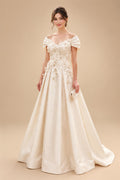 A-Line/Princess Off Shoulder Satin Floor-Length Mother of the Bride & Groom Dresses with 3D Flowers & Sweep Train (SHI22501552)