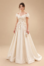 A-Line/Princess Off Shoulder Satin Floor-Length Mother of the Bride & Groom Dresses with 3D Flowers & Sweep Train (SHI22501552)