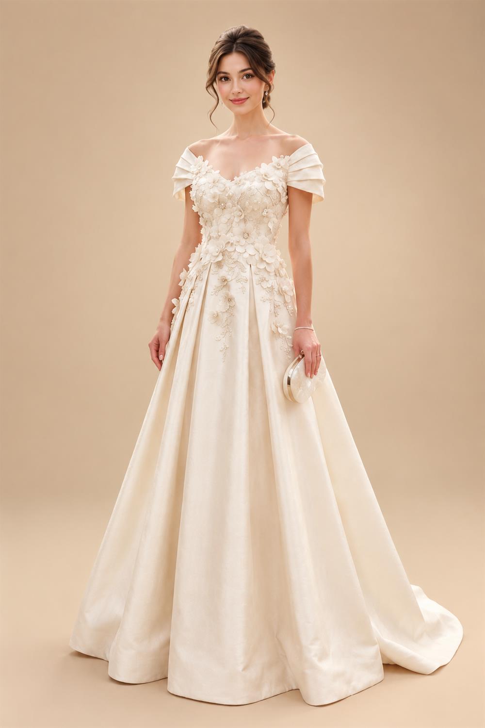 A-Line/Princess Off Shoulder Satin Floor-Length Mother of the Bride & Groom Dresses with 3D Flowers & Sweep Train (SHI22501552)