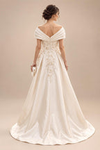 A-Line/Princess Off Shoulder Satin Floor-Length Mother of the Bride & Groom Dresses with 3D Flowers & Sweep Train (SHI22501552)