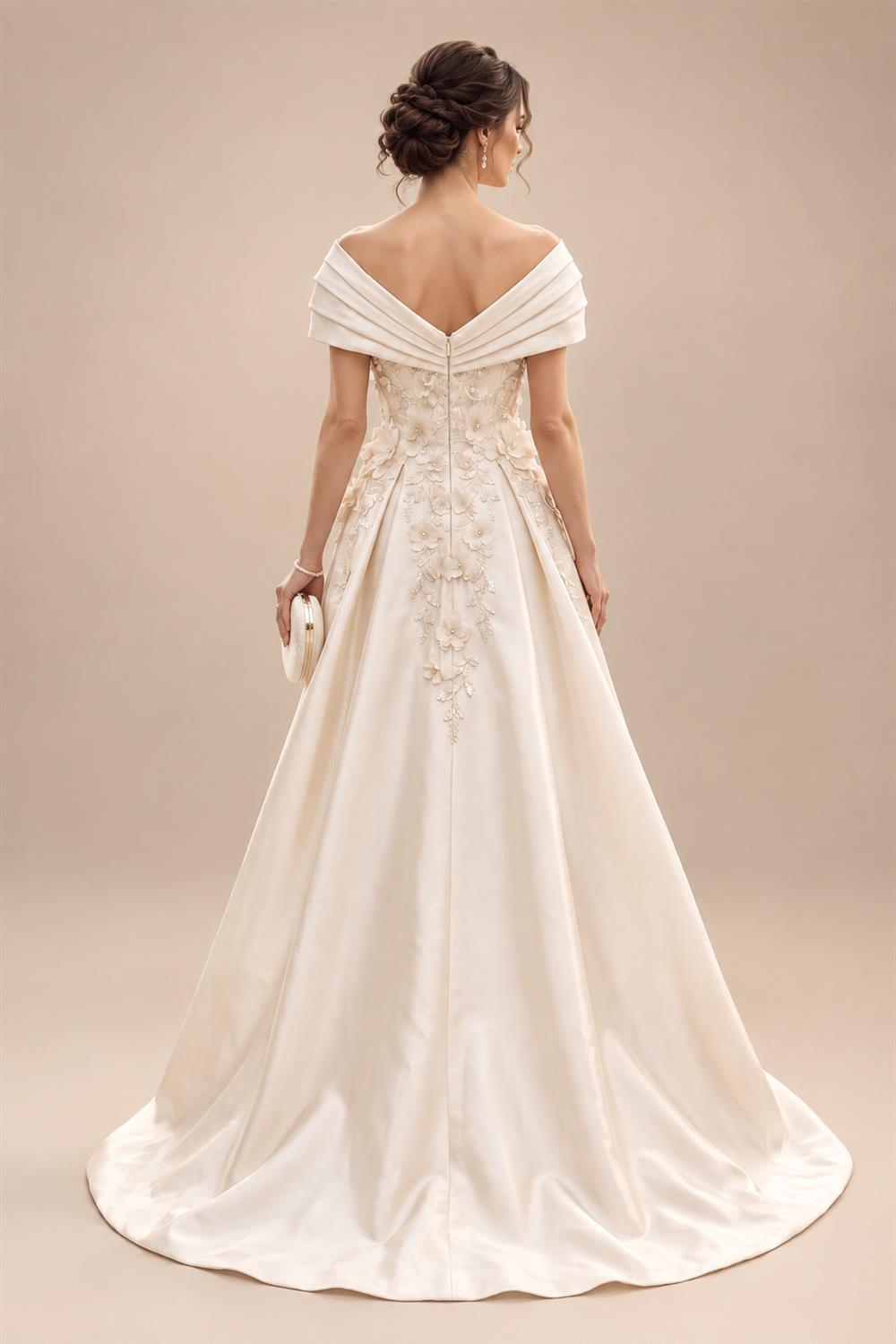A-Line/Princess Off Shoulder Satin Floor-Length Mother of the Bride & Groom Dresses with 3D Flowers & Sweep Train (SHI22501552)
