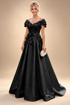 A-Line/Princess Off Shoulder Satin Floor-Length Mother of the Bride & Groom Dresses with 3D Flowers & Sweep Train (SHI22501552)