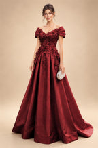 A-Line/Princess Off Shoulder Satin Floor-Length Mother of the Bride & Groom Dresses with 3D Flowers & Sweep Train (SHI22501552)