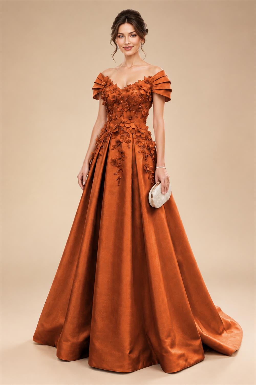 A-Line/Princess Off Shoulder Satin Floor-Length Mother of the Bride & Groom Dresses with 3D Flowers & Sweep Train (SHI22501552)
