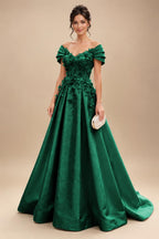 A-Line/Princess Off Shoulder Satin Floor-Length Mother of the Bride & Groom Dresses with 3D Flowers & Sweep Train (SHI22501552)