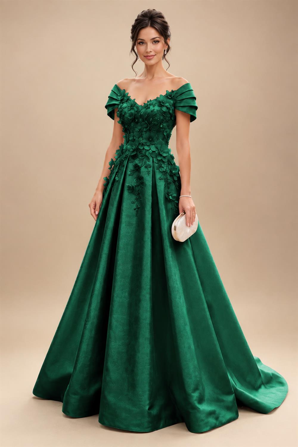 A-Line/Princess Off Shoulder Satin Floor-Length Mother of the Bride & Groom Dresses with 3D Flowers & Sweep Train (SHI22501552)