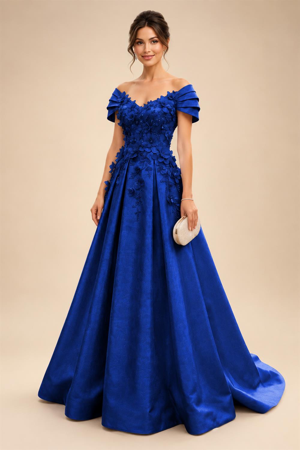 A-Line/Princess Off Shoulder Satin Floor-Length Mother of the Bride & Groom Dresses with 3D Flowers & Sweep Train (SHI22501552)