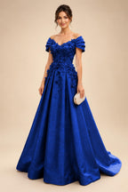 A-Line/Princess Off Shoulder Satin Floor-Length Mother of the Bride & Groom Dresses with 3D Flowers & Sweep Train (SHI22501552)