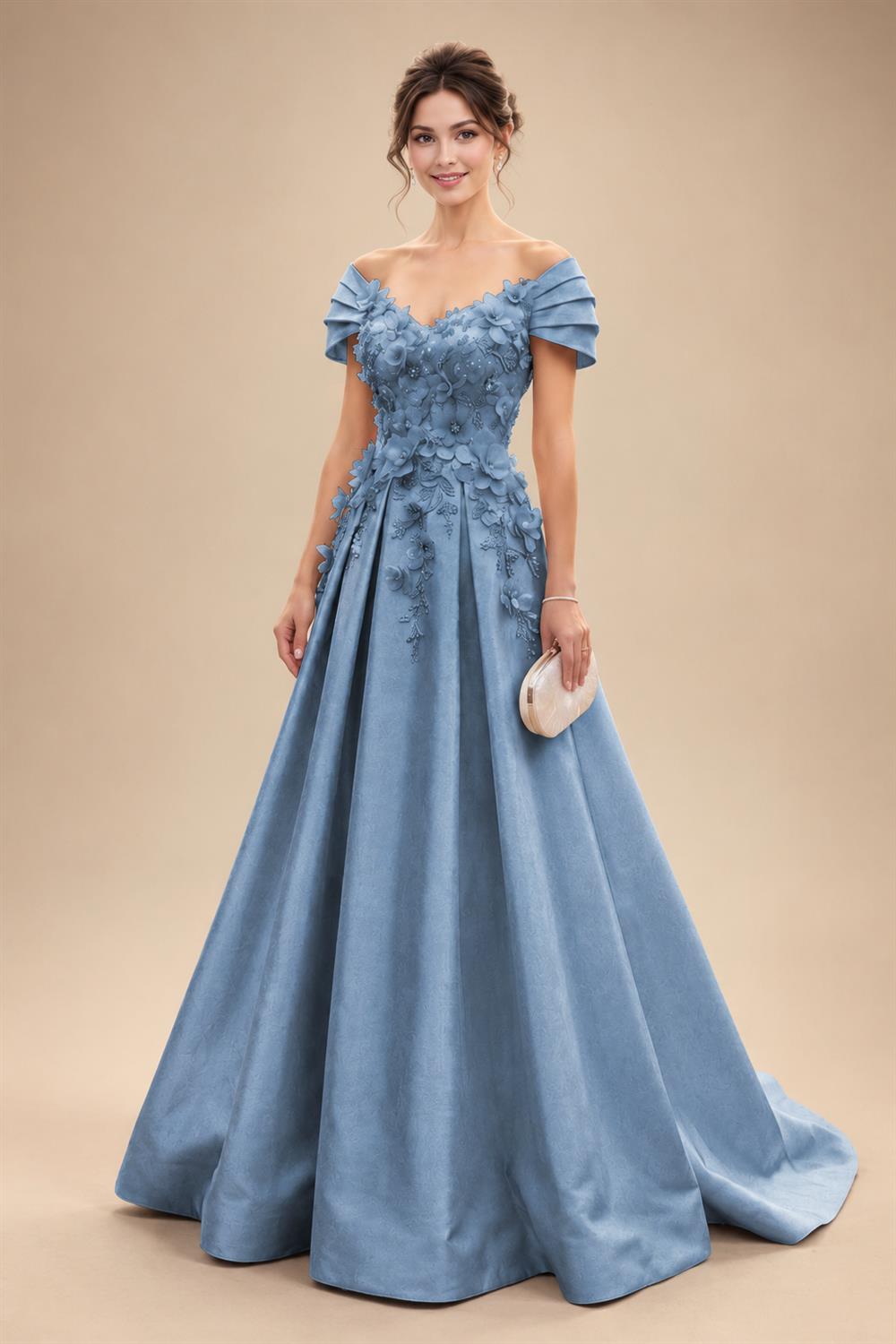 A-Line/Princess Off Shoulder Satin Floor-Length Mother of the Bride & Groom Dresses with 3D Flowers & Sweep Train (SHI22501552)