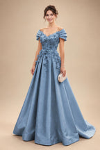 A-Line/Princess Off Shoulder Satin Floor-Length Mother of the Bride & Groom Dresses with 3D Flowers & Sweep Train (SHI22501552)