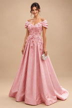 A-Line/Princess Off Shoulder Satin Floor-Length Mother of the Bride & Groom Dresses with 3D Flowers & Sweep Train (SHI22501552)