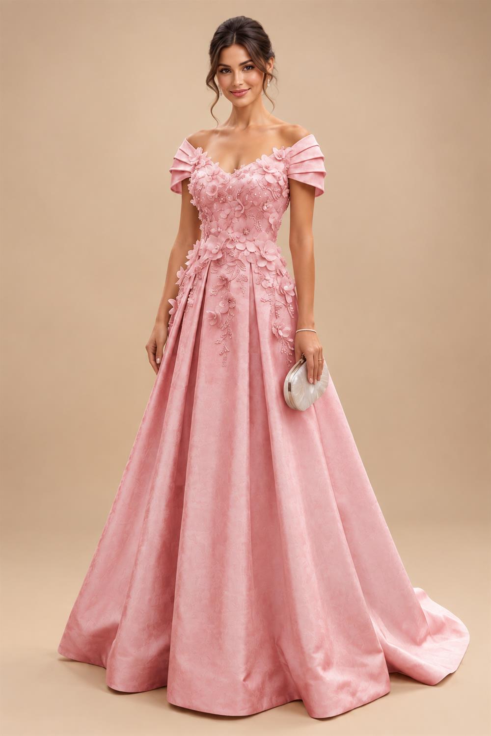 A-Line/Princess Off Shoulder Satin Floor-Length Mother of the Bride & Groom Dresses with 3D Flowers & Sweep Train (SHI22501552)