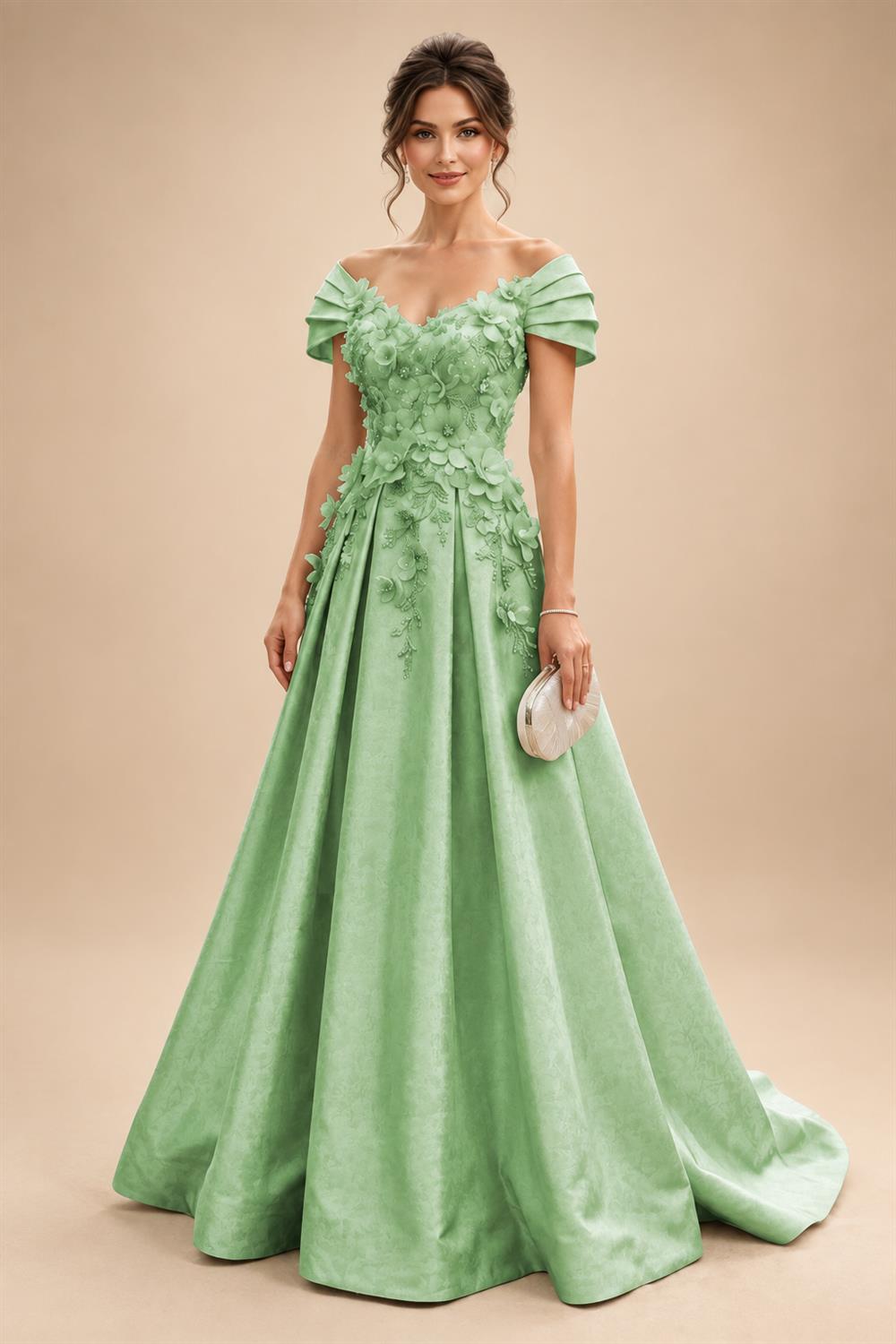 A-Line/Princess Off Shoulder Satin Floor-Length Mother of the Bride & Groom Dresses with 3D Flowers & Sweep Train (SHI22501552)