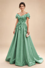 A-Line/Princess Off Shoulder Satin Floor-Length Mother of the Bride & Groom Dresses with 3D Flowers & Sweep Train (SHI22501552)