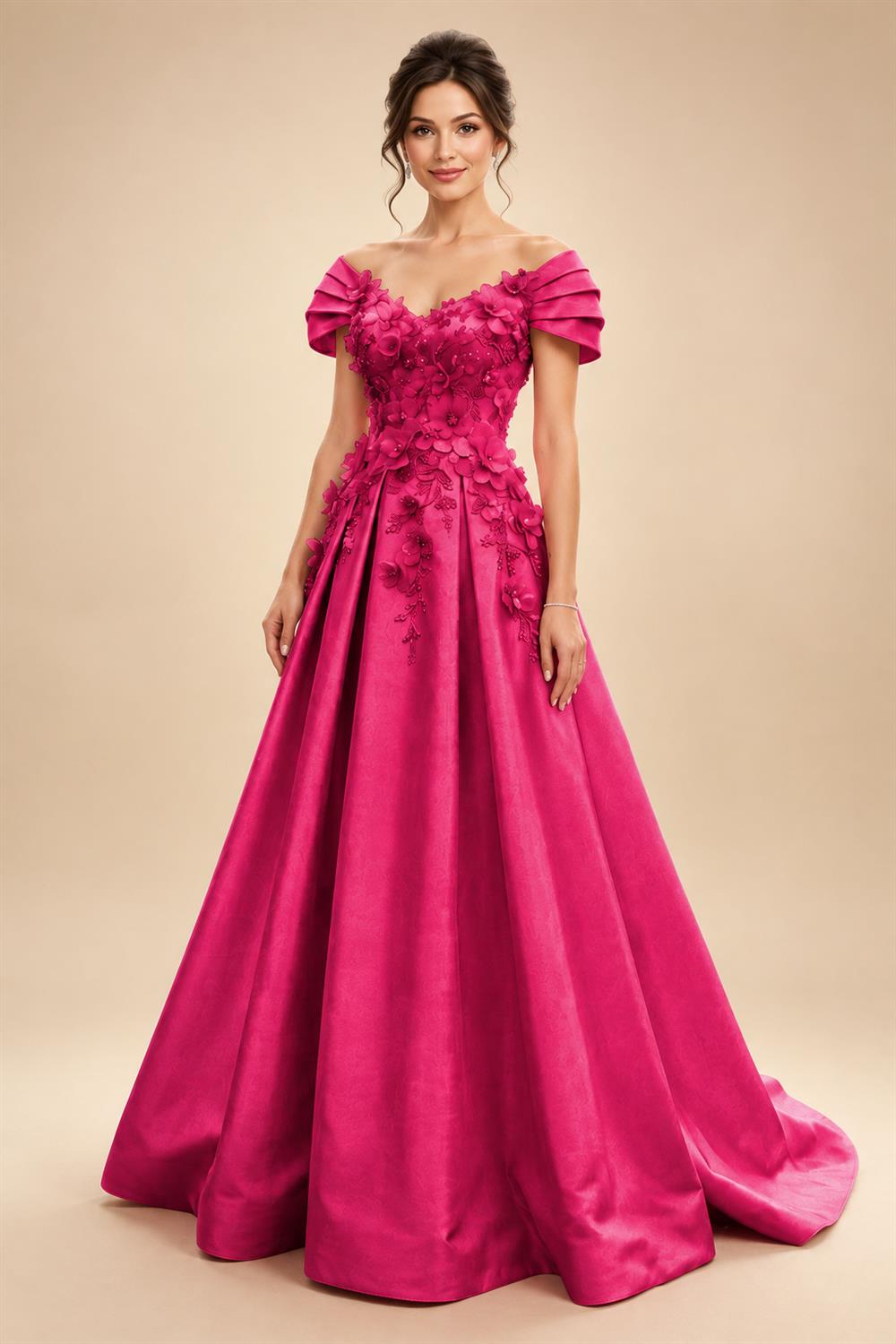 A-Line/Princess Off Shoulder Satin Floor-Length Mother of the Bride & Groom Dresses with 3D Flowers & Sweep Train (SHI22501552)