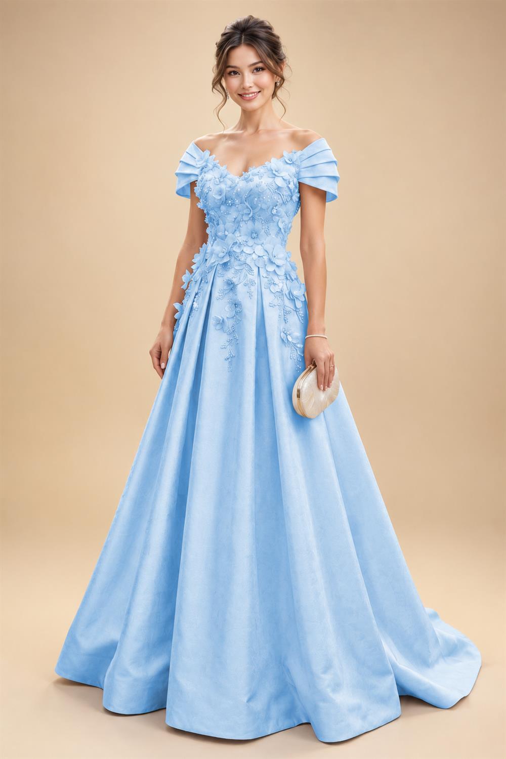 A-Line/Princess Off Shoulder Satin Floor-Length Mother of the Bride & Groom Dresses with 3D Flowers & Sweep Train (SHI22501552)