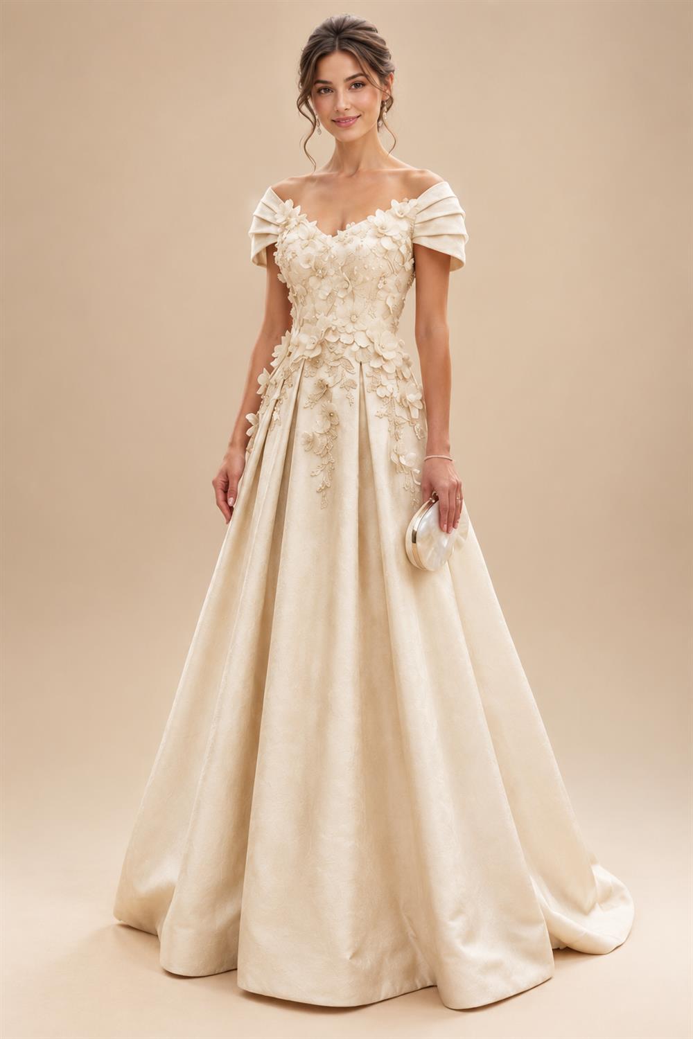 A-Line/Princess Off Shoulder Satin Floor-Length Mother of the Bride & Groom Dresses with 3D Flowers & Sweep Train (SHI22501552)