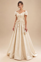 A-Line/Princess Off Shoulder Satin Floor-Length Mother of the Bride & Groom Dresses with 3D Flowers & Sweep Train (SHI22501552)