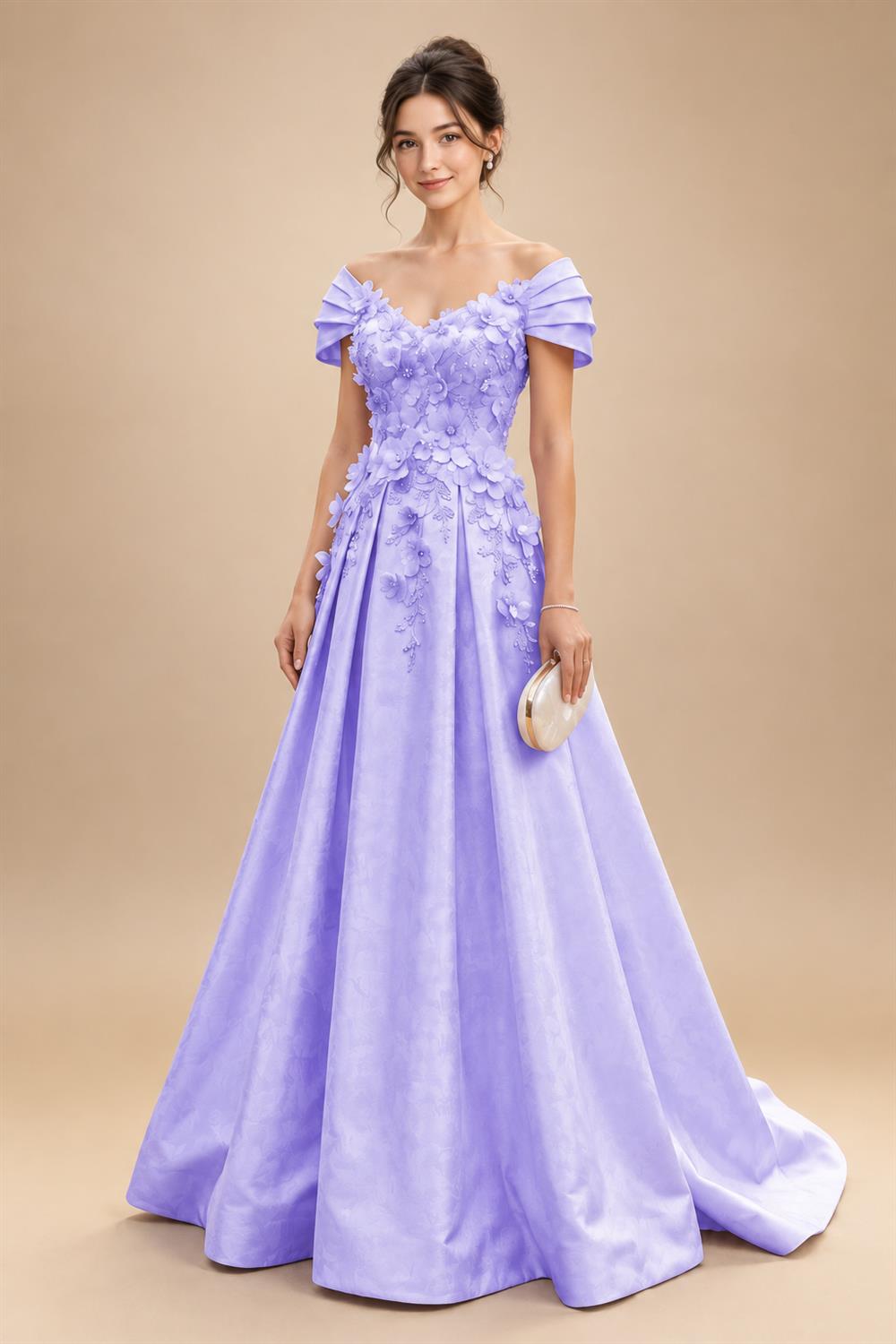 A-Line/Princess Off Shoulder Satin Floor-Length Mother of the Bride & Groom Dresses with 3D Flowers & Sweep Train (SHI22501552)