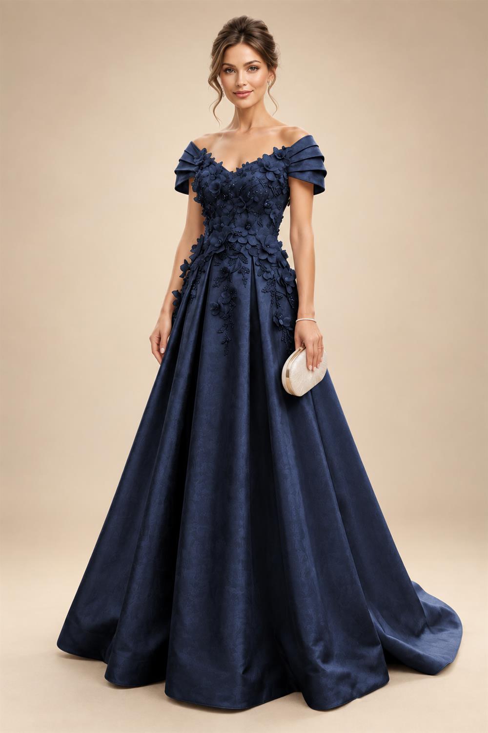 A-Line/Princess Off Shoulder Satin Floor-Length Mother of the Bride & Groom Dresses with 3D Flowers & Sweep Train (SHI22501552)