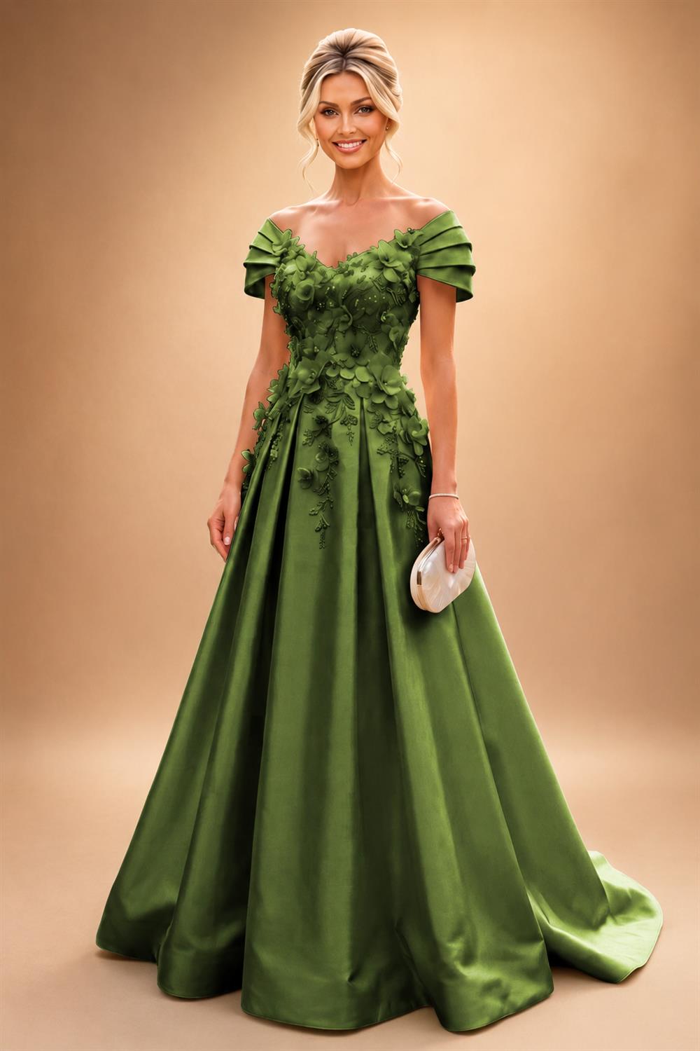 A-Line/Princess Off Shoulder Satin Floor-Length Mother of the Bride & Groom Dresses with 3D Flowers & Sweep Train (SHI22501552)