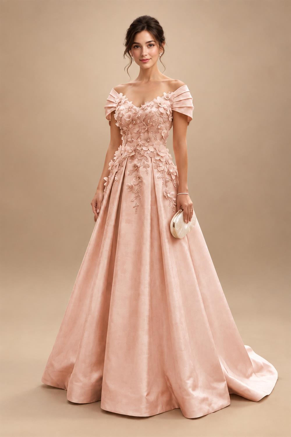 A-Line/Princess Off Shoulder Satin Floor-Length Mother of the Bride & Groom Dresses with 3D Flowers & Sweep Train (SHI22501552)