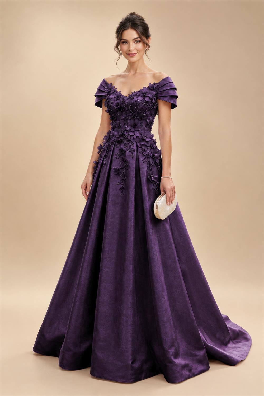 A-Line/Princess Off Shoulder Satin Floor-Length Mother of the Bride & Groom Dresses with 3D Flowers & Sweep Train (SHI22501552)
