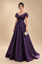 A-Line/Princess Off Shoulder Satin Floor-Length Mother of the Bride & Groom Dresses with 3D Flowers & Sweep Train (SHI22501552)