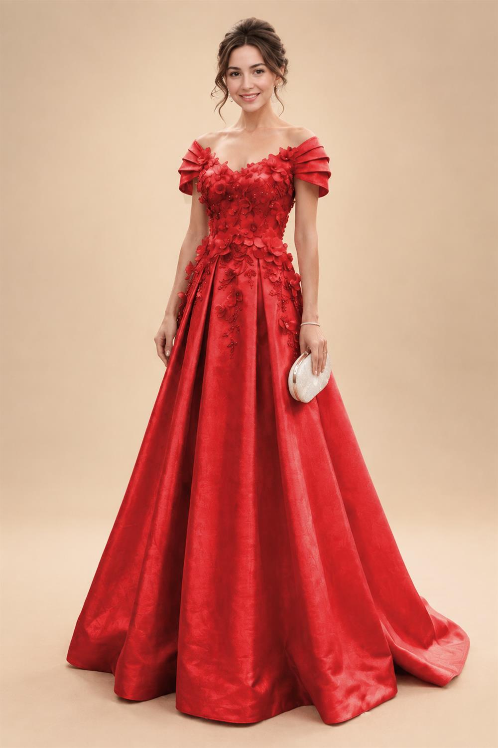 A-Line/Princess Off Shoulder Satin Floor-Length Mother of the Bride & Groom Dresses with 3D Flowers & Sweep Train (SHI22501552)