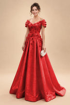 A-Line/Princess Off Shoulder Satin Floor-Length Mother of the Bride & Groom Dresses with 3D Flowers & Sweep Train (SHI22501552)