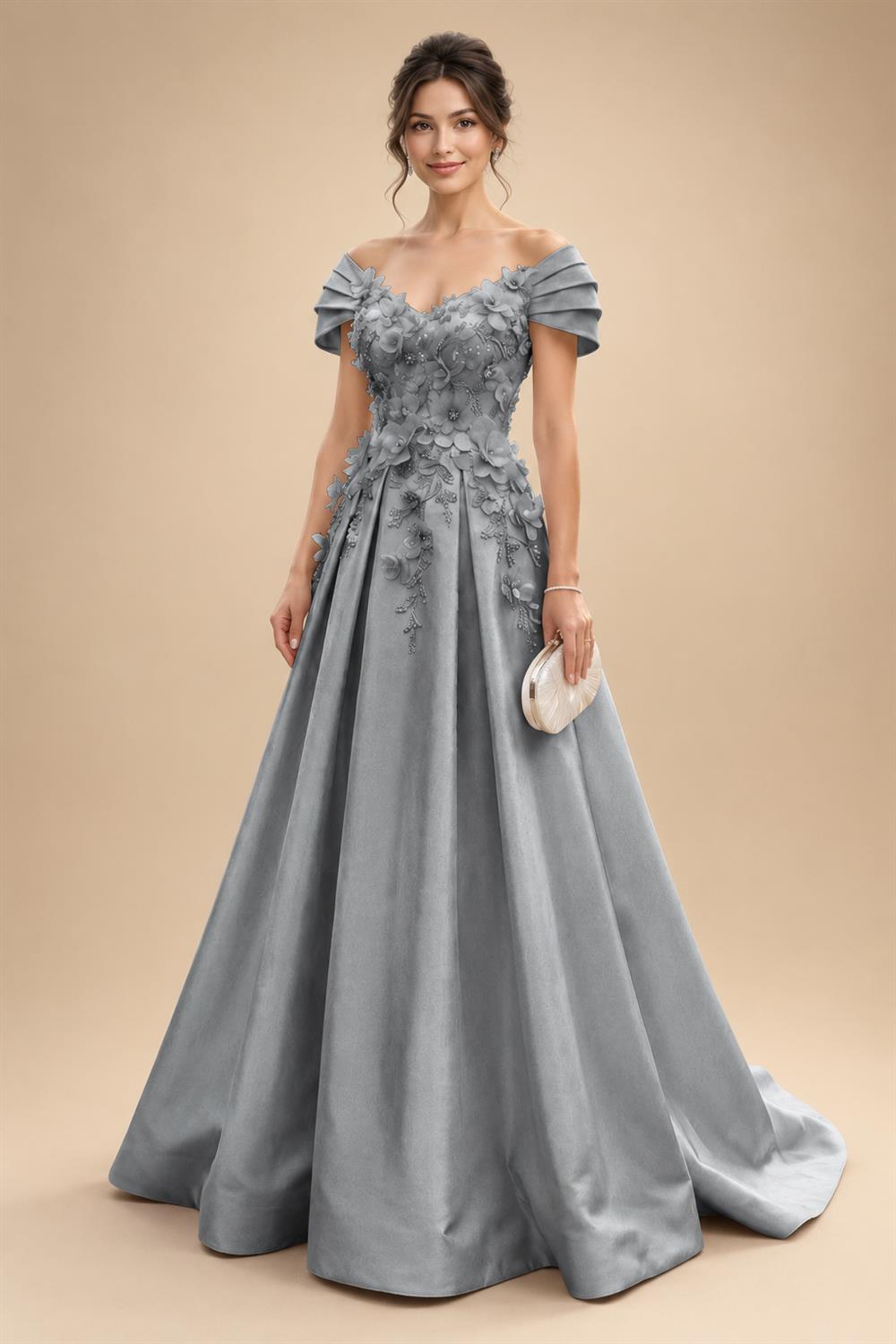 A-Line/Princess Off Shoulder Satin Floor-Length Mother of the Bride & Groom Dresses with 3D Flowers & Sweep Train (SHI22501552)