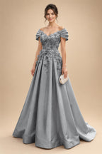 A-Line/Princess Off Shoulder Satin Floor-Length Mother of the Bride & Groom Dresses with 3D Flowers & Sweep Train (SHI22501552)