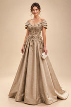 A-Line/Princess Off Shoulder Satin Floor-Length Mother of the Bride & Groom Dresses with 3D Flowers & Sweep Train (SHI22501552)