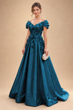 A-Line/Princess Off Shoulder Satin Floor-Length Mother of the Bride & Groom Dresses with 3D Flowers & Sweep Train (SHI22501552)
