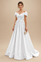 A-Line/Princess Off Shoulder Satin Floor-Length Mother of the Bride & Groom Dresses with 3D Flowers & Sweep Train (SHI22501552)
