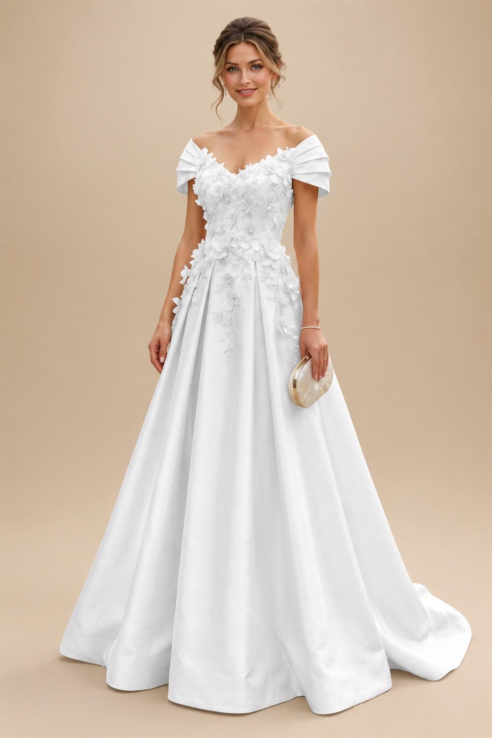 A-Line/Princess Off Shoulder Satin Floor-Length Mother of the Bride & Groom Dresses with 3D Flowers & Sweep Train (SHI22501552)