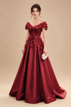 A-Line/Princess Off Shoulder Satin Floor-Length Mother of the Bride & Groom Dresses with 3D Flowers & Sweep Train (SHI22501552)