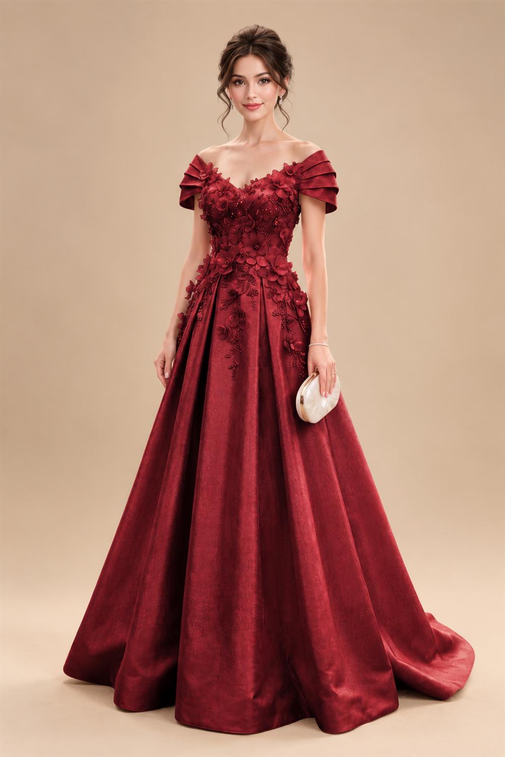 A-Line/Princess Off Shoulder Satin Floor-Length Mother of the Bride & Groom Dresses with 3D Flowers & Sweep Train (SHI22501552)