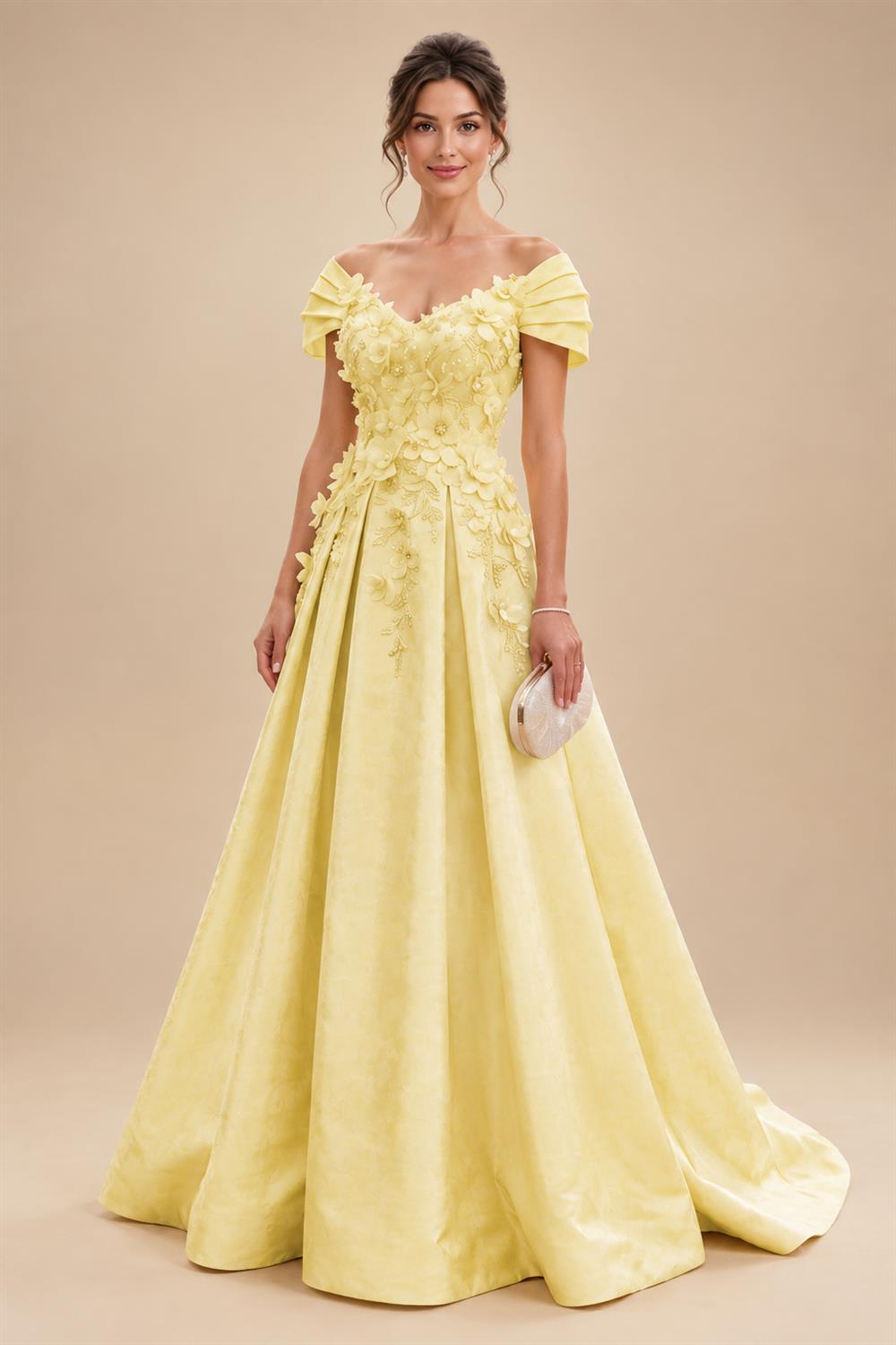 A-Line/Princess Off Shoulder Satin Floor-Length Mother of the Bride & Groom Dresses with 3D Flowers & Sweep Train (SHI22501552)