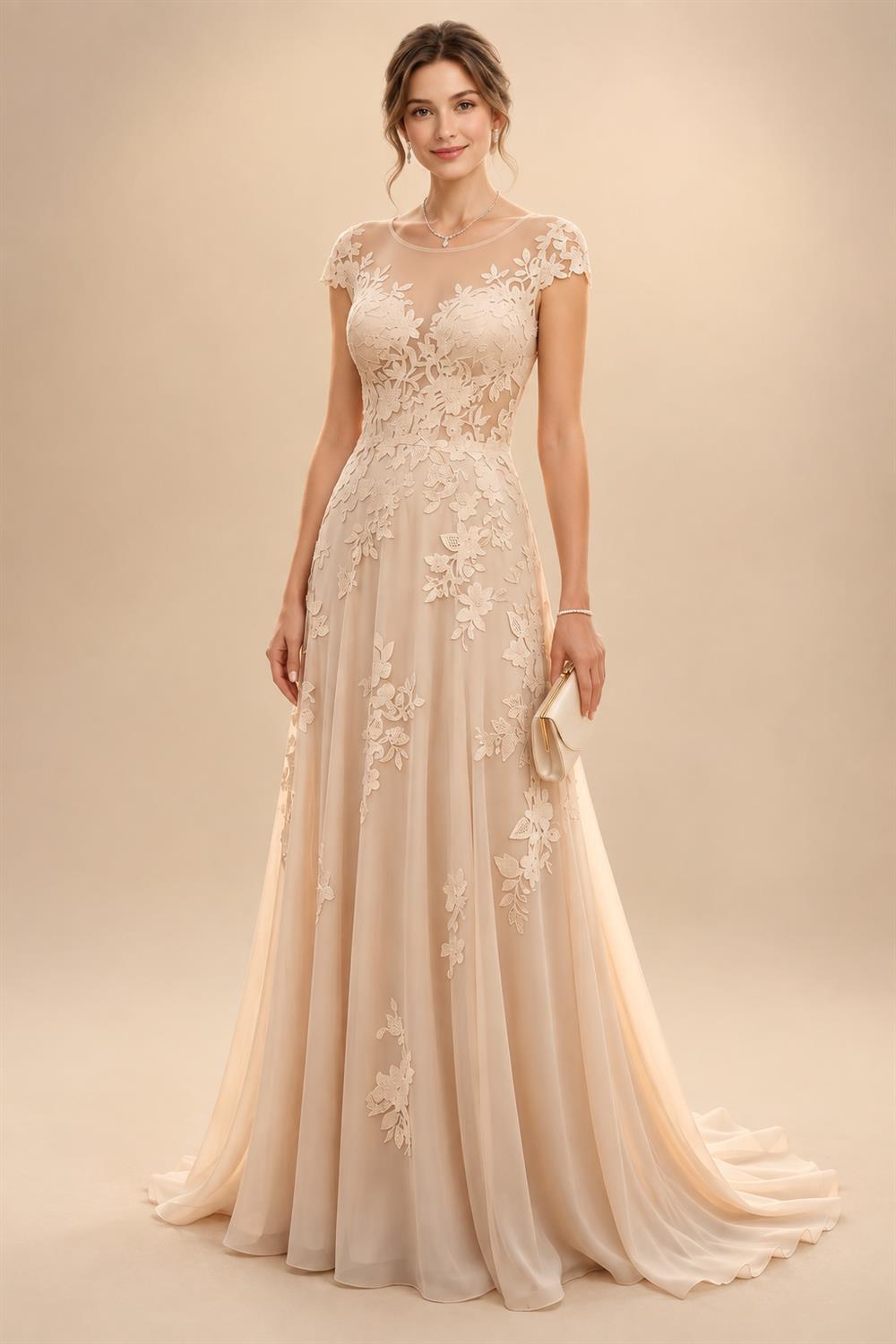 A-Line/Princess Scoop Neck Chiffon Floor-Length Mother of the Bride & Groom Dresses with Lace Appliques & Pleats (SHI22501554)