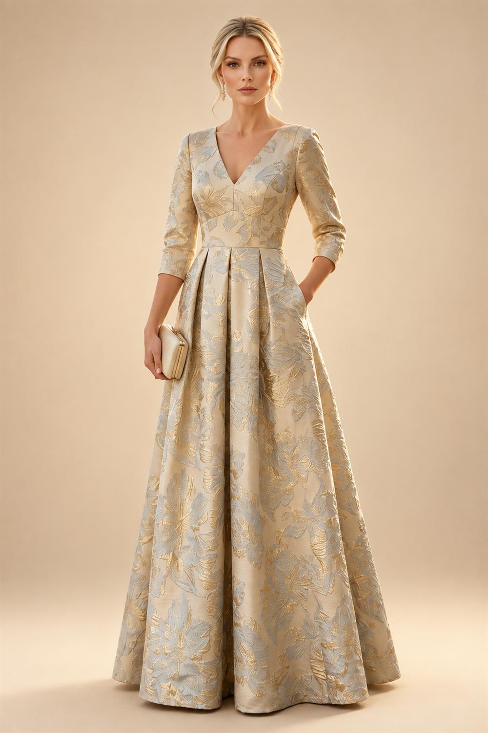A-Line/Princess Jacquard V-Neck Floor-Length 3/4 Sleeves Mother of the Bride & Groom Dresses with Ruched Waist & Pockets