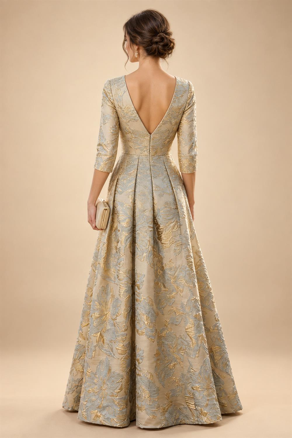 Jacquard A-Line/Princess V-Neck Floor-Length Mother of the Bride & Groom Dresses with Ruched Waist & Pockets (SHI22501298)