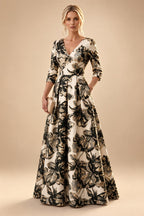 A-Line/Princess Jacquard V-Neck Floor-Length 3/4 Sleeves Mother of the Bride & Groom Dresses with Ruched Waist & Pockets