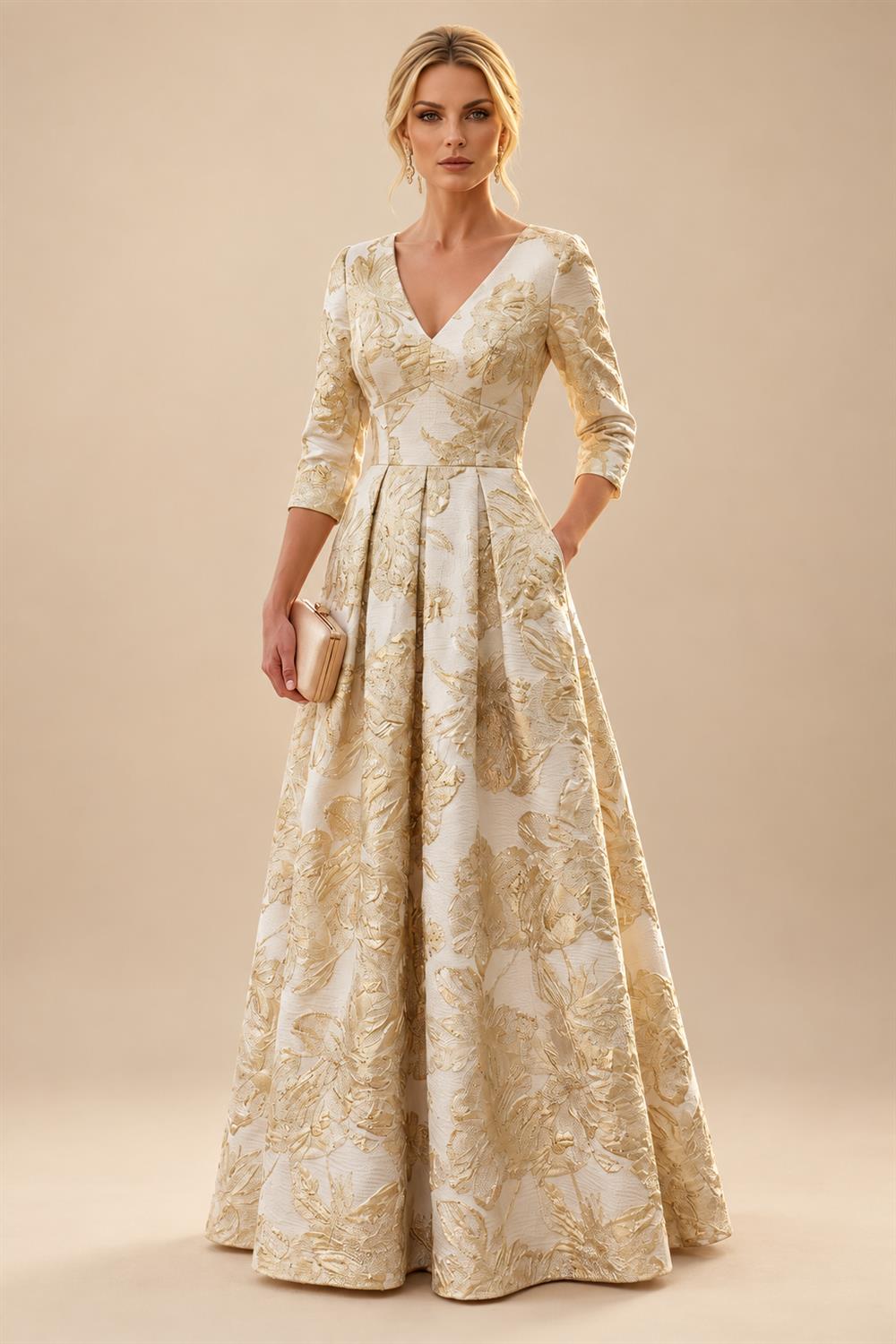 A-Line/Princess Jacquard V-Neck Floor-Length 3/4 Sleeves Mother of the Bride & Groom Dresses with Ruched Waist & Pockets