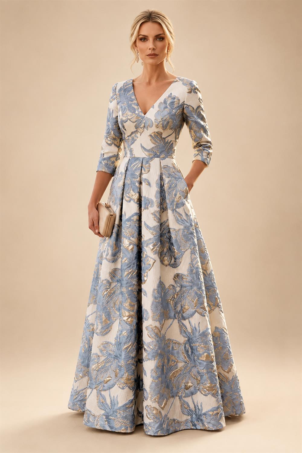A-Line/Princess Jacquard V-Neck Floor-Length 3/4 Sleeves Mother of the Bride & Groom Dresses with Ruched Waist & Pockets