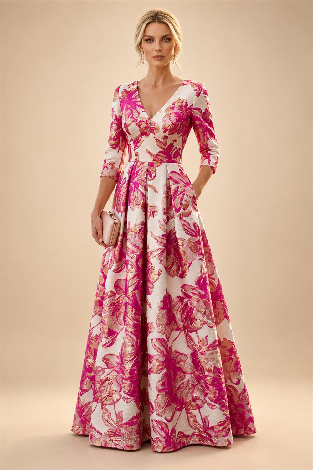 A-Line/Princess Jacquard V-Neck Floor-Length 3/4 Sleeves Mother of the Bride & Groom Dresses with Ruched Waist & Pockets