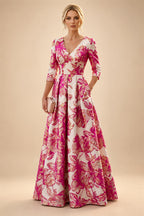 A-Line/Princess Jacquard V-Neck Floor-Length 3/4 Sleeves Mother of the Bride & Groom Dresses with Ruched Waist & Pockets